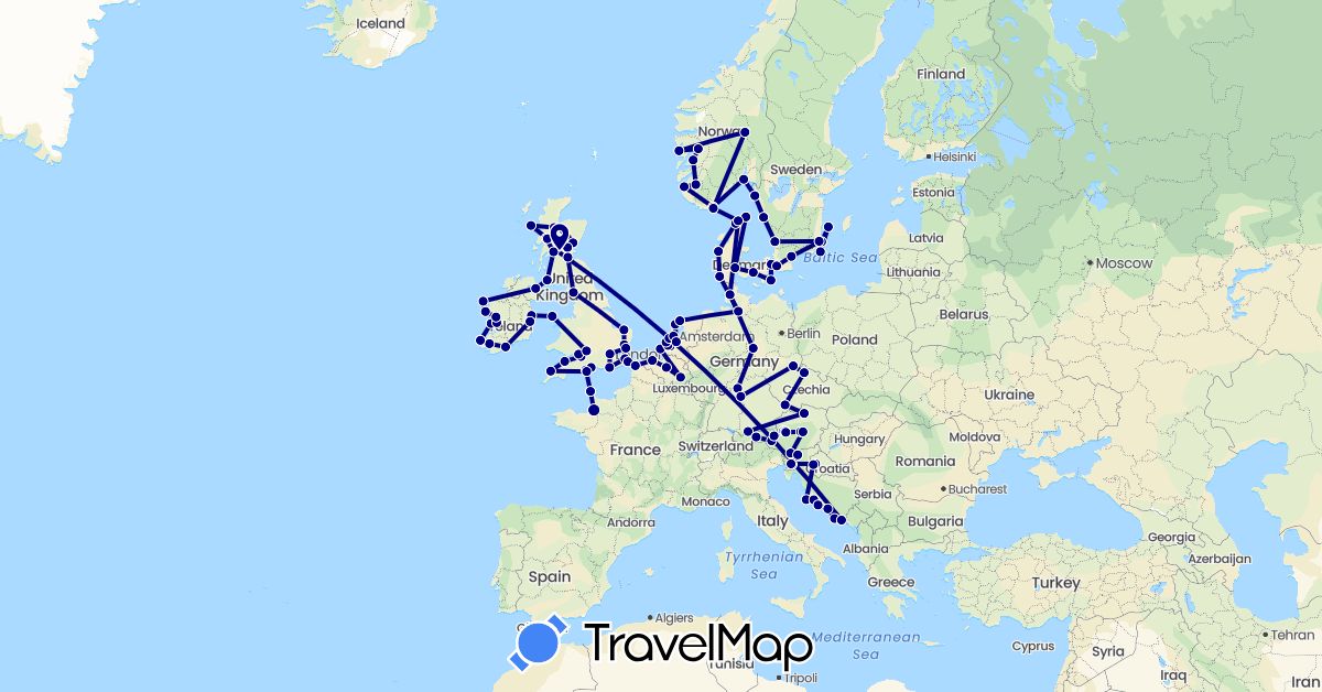 TravelMap itinerary: driving in Austria, Belgium, Czech Republic, Germany, Denmark, France, United Kingdom, Croatia, Ireland, Netherlands, Norway, Sweden, Slovenia (Europe)